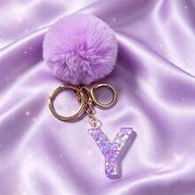 1pc Cute A-Z Letter Sequin Epoxy Keychain With Purple Fur Ball Pendant, Wallet Car Key Chain, Fashion Bag Charm, Gift For Best Friends - Lilac Purple - View 27
