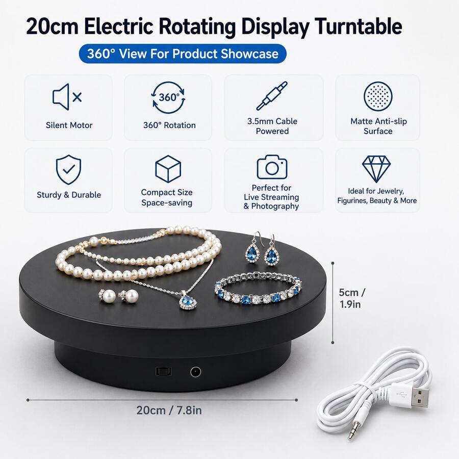 20cm (7.8in) Electric Rotating Display Stand, USB Powered 360° Turntable With Adjustable Direction, Matte Non-Slip Surface, Product Display Base For Jewelry, Figurines, Photography & Live Streaming - Black - View 1