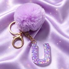 1pc Cute A-Z Letter Sequin Epoxy Keychain With Purple Fur Ball Pendant, Wallet Car Key Chain, Fashion Bag Charm, Gift For Best Friends - Lilac Purple - View 22