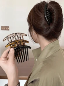 3件組女用側邊髮梳，7齒玳瑁色法式扭髮梳，醋酸纖維防滑髮夾，適合盤髮造型，適用粗髮與細髮，假日秋季風格 - 彩色 - 查看 4
