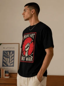 Men's Vintage Graphic T-Shirt, Retro Print Streetwear Tee, Local Warehouse Stock Make Art Not War / Unisex Casual T-Shirt / Short Sleeve Round Neck Te - Black - View 7