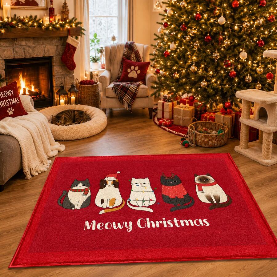 1pc Christmas Cat Pattern Printed Faux Cashmere Kitchen Mat, Christmas, Can Be Used As Christmas Gift, Christmas Decoration, Absorbent Kitchen Floor Mat, Kitchen Rug, Long Strip Foot Mat, Sink Front Mat, Suitable For Kitchen, Bathroom, Entryway, Hallway, Laundry Room And Home Decor - Multicolor - View 1
