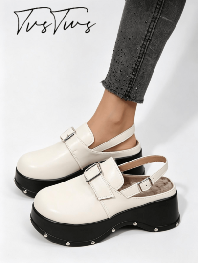 Women's Fashion Vintage Double Buckle Back Strap Rivet Thermal Lined Thick Sole Wedge Mule Shoes, Super High Heel Round Toe Closed Toe Slippers, Personalized Warm Outdoor Thermal Slippers
