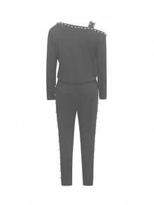 Women's Fashion Minimalist Casual Long Sleeve Top & Pants 2 Pieces Set - Grey - View 3