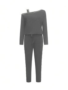 Women's Fashion Minimalist Casual Long Sleeve Top & Pants 2 Pieces Set - Grey - View 2
