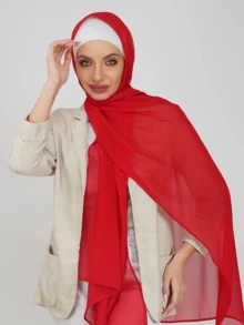 1pc Solid Color Basic Headscarf, Middle Eastern Style, Made Of Breathable Chiffon Fabric, Lightweight And Comfortable, Suitable For Long-Term Wear, Suitable For All Seasons - Red - View 2