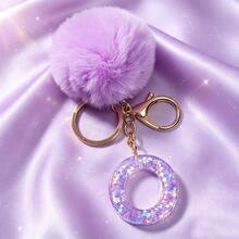 1pc Cute A-Z Letter Sequin Epoxy Keychain With Purple Fur Ball Pendant, Wallet Car Key Chain, Fashion Bag Charm, Gift For Best Friends - Lilac Purple - View 37