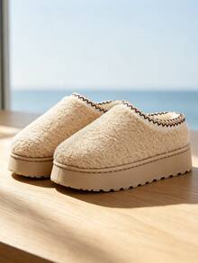 Thick Sole Thermal Lined Round Toe Slip-On Slippers With Fuzzy Lining, Snow Boots - Beige - View 2