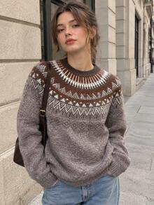Women's Fair Isle Knit Sweater, Long Sleeve Round Neck Drop Shoulder Top, Cozy Winter & Fall Knitwear - Khaki - View 4