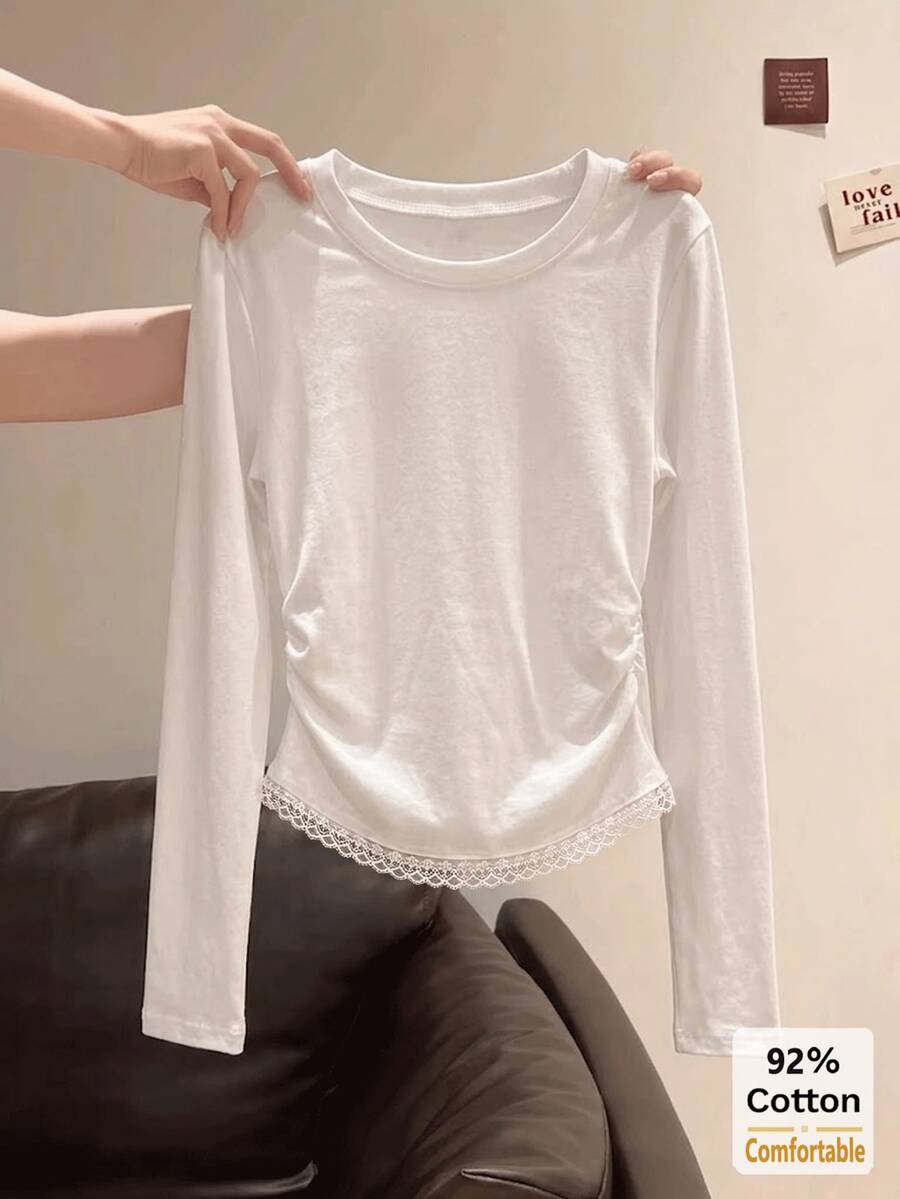 Kaos Lengan Panjang Katun Murni Motif Renda Musim Gugur, Atasan Putih untuk Wanita, Lapisan Dalam Dasar Warna Polos yang Serbaguna dan Melangsingkan - Putih - View 1