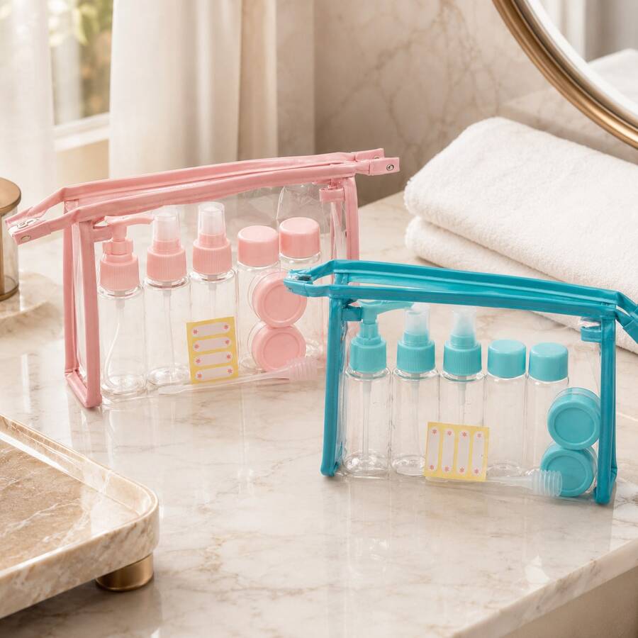 1/2 Set Perlengkapan Mandi Portabel untuk Perjalanan, Termasuk Tas Kosmetik Transparan, Botol Semprot dan Botol Pompa Isi Ulang, Wadah Krim, Pipet, Spatula, dan Label, Wadah Anti Bocor untuk Dibawa dalam Pesawat, Cocok untuk Produk Perawatan Kulit, Sampo, Liburan, dan Penggunaan di Hotel - MultiWarna - View 1