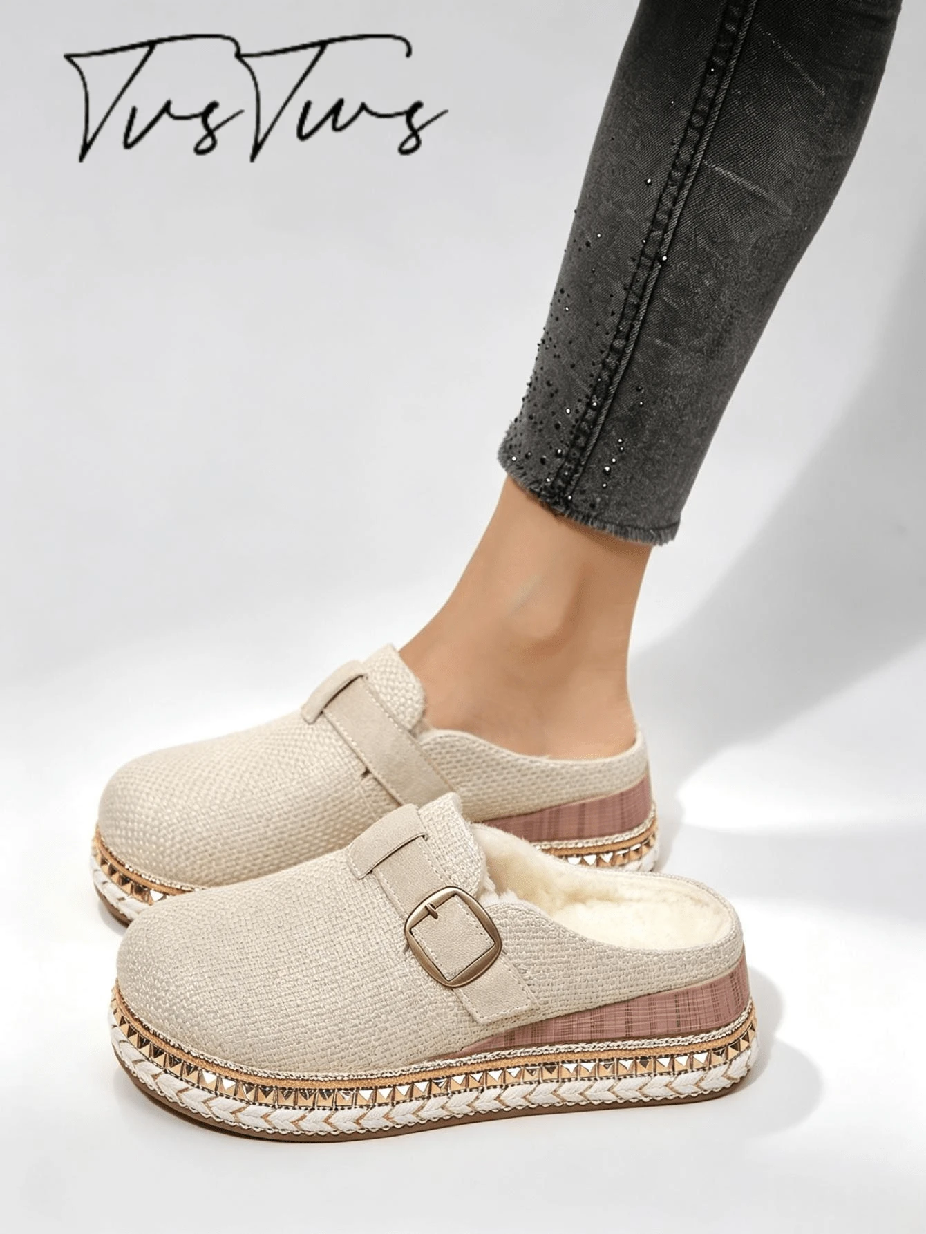 Women's Autumn/Winter New Woven Metal Buckle Thermal Lined Thick Sole Mule Slippers, Rope Trim Rivet Round Toe Closed Toe Half-Slip, Bohemian Warm Outdoor Thermal Slippers - Apricot - View 1