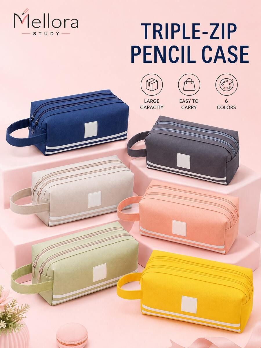 1Pc/6pcs Large Capacity Canvas Pencil Case With Handle, Double Zipper Multi‑Layer Pencil Pouch, Solid Color Portable Stationery Bag For Students Back To School Supplies - Double Zipper - View 1