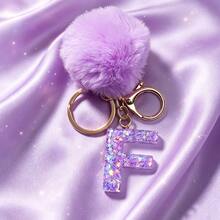 1pc Cute A-Z Letter Sequin Epoxy Keychain With Purple Fur Ball Pendant, Wallet Car Key Chain, Fashion Bag Charm, Gift For Best Friends - Lilac Purple - View 28