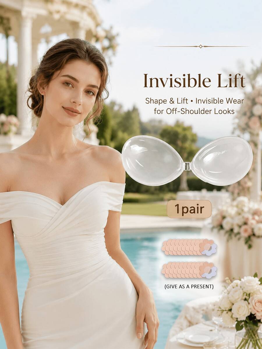 1pc Transparent Silicone Adhesive Bra, (Includes 20pcs Flower-Shaped Nipple Covers) Transparent Silicone Surface, Secure Front Connection, Fully Showcases Shoulder And Chest Lines, Suitable For Wedding Guest Outfits, Garden Party Events And Studio Photography. - Multi-color - View 1