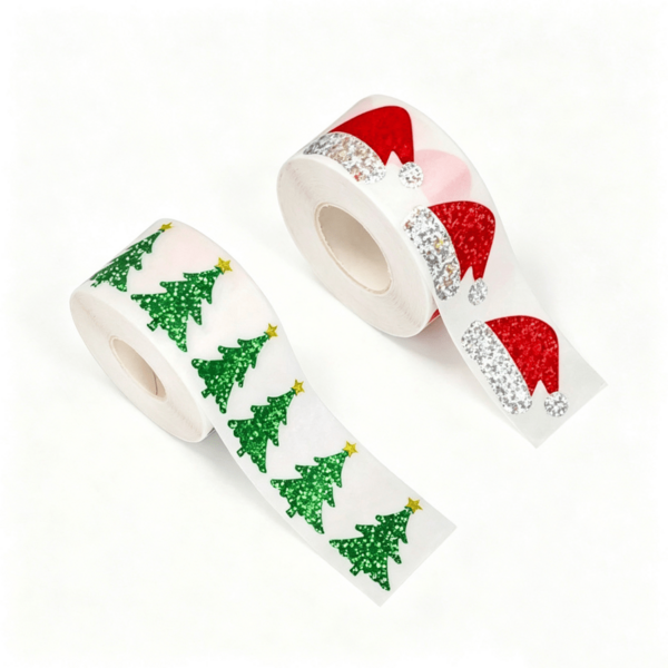 2PCS 500pcs/Roll Red Santa Hat Glitter Stickers, Christmas Tree Stickers With Waterproof Glossy Self-Adhesive Effect, Suitable For Christmas Holiday Cards, Gifts, Party Decorations, Disposable Holiday Party Supplies And Christmas Accessories. Christmas Decorations, Christmas Pajamas, Christmas Gifts, Christmas Decor