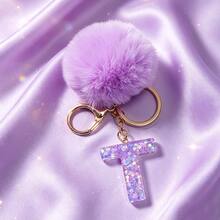 1pc Cute A-Z Letter Sequin Epoxy Keychain With Purple Fur Ball Pendant, Wallet Car Key Chain, Fashion Bag Charm, Gift For Best Friends - Lilac Purple - View 11