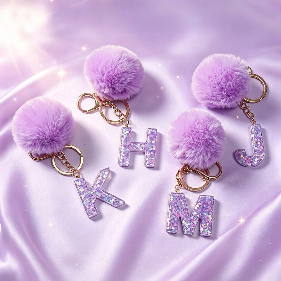 1pc Cute A-Z Letter Sequin Epoxy Keychain With Purple Fur Ball Pendant, Wallet Car Key Chain, Fashion Bag Charm, Gift For Best Friends - Lilac Purple - View 1