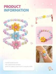 6 Pcs Flower Beaded Bracelet Set For Kids, Random Bright Colors, Cute Jewelry For Holiday Party Wear, Ideal Birthday Gift For Little Girls - Multicolor - View 3
