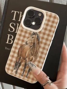 1件白色棕色格紋馬匹圖案極簡全包覆TPU防震手機殼，適用於Apple 18 17 16 15 14 13 12 11 Pro Max Air及系列 - 彩色 - 查看 3