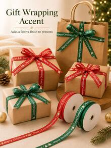 Classic Holiday Polyester Satin Ribbon, Printed With Merry Christmas Letters, Christmas Tree And Snowflake Patterns, Red And Green Decorative Gift Wrapping Ribbon, Suitable For Gift Wrapping, DIY Bow Making, Handmade Projects, Wreath Decoration, Holiday Parties And Winter Celebrations - One Size - View 1