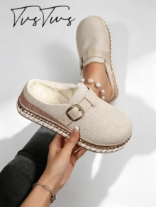 Women's Autumn/Winter New Woven Metal Buckle Thermal Lined Thick Sole Mule Slippers, Rope Trim Rivet Round Toe Closed Toe Half-Slip, Bohemian Warm Outdoor Thermal Slippers - Apricot - View 2