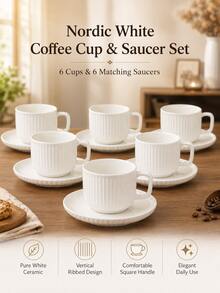 1/6 Set Options,Minimalist White Ceramic Coffee Cup And Saucer Set, Nordic Ribbed Latte Espresso Tea Cup, Square Handle Coffee Mug, Home Cafe Afternoon Tea Tableware - Multicolor - View 2