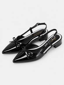 Women's Pointed Toe Bow Slingback Shoes, Black Low Heel Flats, Stylish Versatile Dress Shoes - Black - View 5