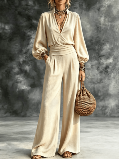 New Women's V-Necked Lantern-Sleeved One-Piece Dress, Waist-Encircling Design, Pleated Wide-Leg Pants, Pocket Details, Elegant And Loose-Fitting Style