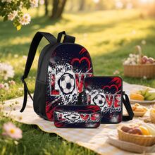 Football Theme 2D Print 3 Pieces Backpack Set, Large Capacity Backpack With Crossbody Bag And Pencil Case, Side Elastic Mesh Pocket For Water Bottle, Wide Breathable Adjustable Shoulder Straps, Sports Style Daily Commute Travel Casual Storage Bag - Printed Bag - View 8