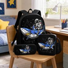 Boys' Astronaut Riding Space Shark Print 3 PiecesBackpack Set, Includes Matching Lunch Bag And Pencil Case, Black Zipper Design, With Adjustable Shoulder Straps, Top Handle And Side Mesh Pockets, Suitable For School, Travel And Daily Use - ASTRONAUT-8 - View 2