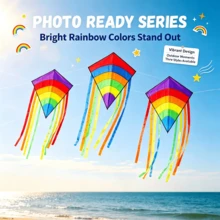 Multi-Tail Curved Diamond Kite, Rainbow Gradient, Heavy-Duty Fabric, Multiple Streamers, Easy To Fly In Light Wind, 3 Styles For Outdoor Beach Lawn - Multi-tail Colorful Diamond Kite-2 - View 3