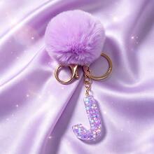1pc Cute A-Z Letter Sequin Epoxy Keychain With Purple Fur Ball Pendant, Wallet Car Key Chain, Fashion Bag Charm, Gift For Best Friends - Lilac Purple - View 13