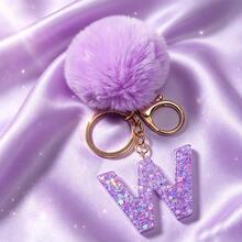 1pc Cute A-Z Letter Sequin Epoxy Keychain With Purple Fur Ball Pendant, Wallet Car Key Chain, Fashion Bag Charm, Gift For Best Friends - Lilac Purple - View 24