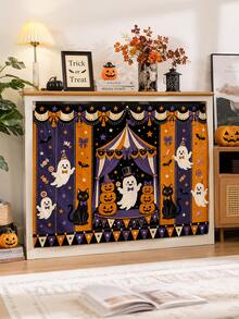 1pc-Halloween Multipurpose Decorative Curtain, Ghost Black Cat Pumpkin Carnival Candy Print, Home Storage Cover & Holiday Decor - Multicolor - View 6