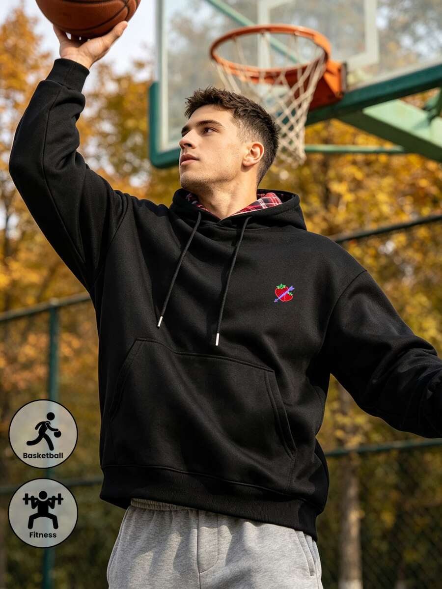 Herrsporttröja, avslappnad streetwear för utomhusbruk, enfärgad långärmad hoodie med muddar, dragsko och schackrutigt mönster, höst/vinter - Svart - Visa 1