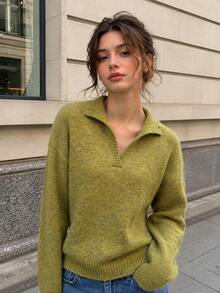 Green Ribbed Knit Pullover Sweater For Women, Chic Long Sleeve Drop Shoulder Collared Knit Top For Fall - Green - View 2