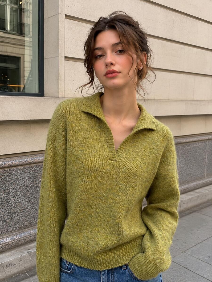Green Ribbed Knit Pullover Sweater For Women, Chic Long Sleeve Drop Shoulder Collared Knit Top For Fall - Green - View 1