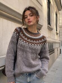 Women's Fair Isle Knit Sweater, Long Sleeve Round Neck Drop Shoulder Top, Cozy Winter & Fall Knitwear - Khaki - View 1