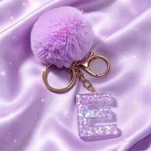 1pc Cute A-Z Letter Sequin Epoxy Keychain With Purple Fur Ball Pendant, Wallet Car Key Chain, Fashion Bag Charm, Gift For Best Friends - Lilac Purple - View 26