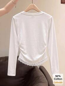 Kaos Lengan Panjang Katun Murni Motif Renda Musim Gugur, Atasan Putih untuk Wanita, Lapisan Dalam Dasar Warna Polos yang Serbaguna dan Melangsingkan - Putih - View 3