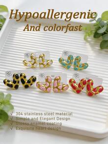 5 Pairs Of Gold-Plated Stainless Steel Earrings, Anti Fading And Anti Allergic, Elegant And High-End Enamel Drip Oil Heart-Shaped Earrings, Suitable For Women's Valentine's Day Wear, Fashionable High-End Jewelry, Suitable For Daily Wear, Vacation And Gift Giving - Multicolor - View 1