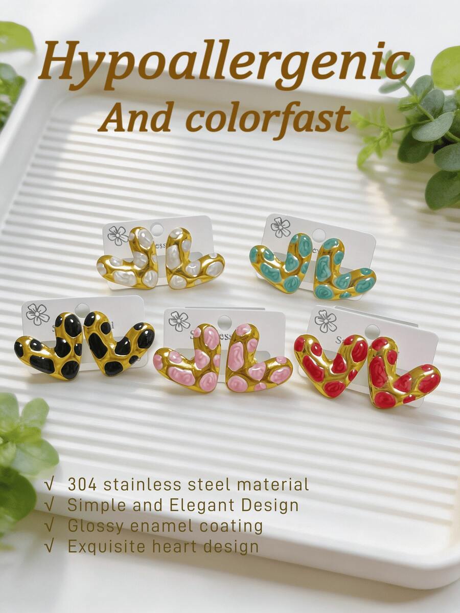5 Pairs Of Gold-Plated Stainless Steel Earrings, Anti Fading And Anti Allergic, Elegant And High-End Enamel Drip Oil Heart-Shaped Earrings, Suitable For Women's Valentine's Day Wear, Fashionable High-End Jewelry, Suitable For Daily Wear, Vacation And Gift Giving - Multicolor - View 1