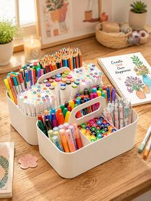 Multifunctional Transparent Storage Basket With Handle, 5-Compartment Desktop Organizer, Large Capacity Plastic Stationery Box, Suitable For Pens, Pencils, Markers And Crayons, Portable Pen Holder - Multicolor - View 3