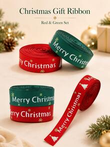 Classic Holiday Polyester Satin Ribbon, Printed With Merry Christmas Letters, Christmas Tree And Snowflake Patterns, Red And Green Decorative Gift Wrapping Ribbon, Suitable For Gift Wrapping, DIY Bow Making, Handmade Projects, Wreath Decoration, Holiday Parties And Winter Celebrations - One Size - View 2