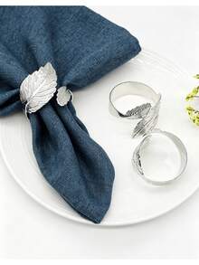 4-12pcs Leaf-Shaped Silver & Gold Napkin Rings, Shiny Metal Napkin Rings Table Decor, Fashionable Autumn Napkin Rings Bulk, Suitable For Halloween, Christmas, Easter, Wedding, Party, Elegant Table Setting Gift Idea - Silver - View 7