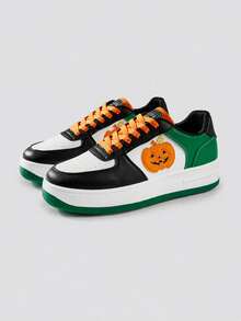 TCVC Women's Gothic Style Thick Sole Sneakers, Bat And Lightning Pattern Black & Neon Pink Lace-Up Halloween Skateboard Shoes - Green - View 6