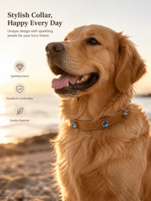 1pc Fashionable Cute Rhinestone Pet Collar, Genuine Leather Exquisite Beautiful Dog Cat Collar, Adjustable Pet Collar Cat Dog Universal Ins Style Pet Collar Leash Set - Multicolor - View 3