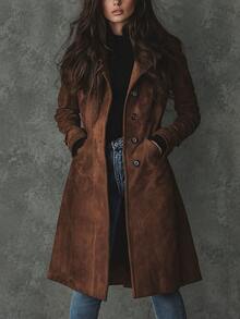 Notch Collar Single Breasted Faux Suede Mid‑Length Casual Warm Winter Trench Coat - Dark Brown - View 1