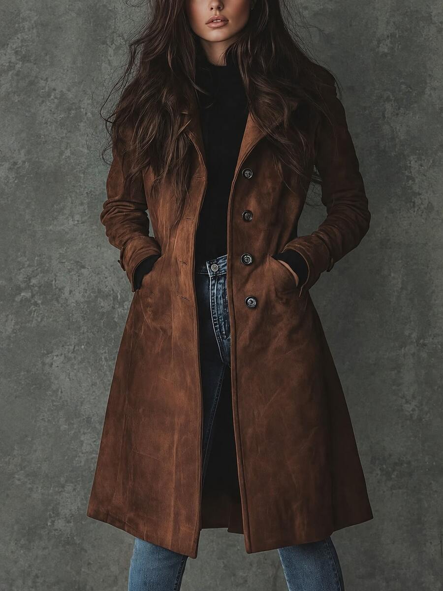 Notch Collar Single Breasted Faux Suede Mid‑Length Casual Warm Winter Trench Coat - Dark Brown - View 1